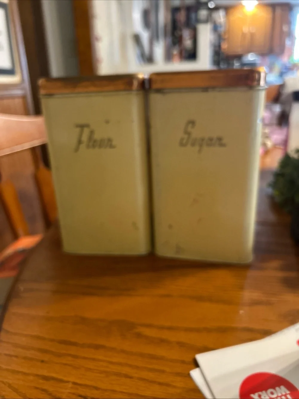 Vintage Flour & Sugar Metal Canisters - Pale Yellow with Copper Lids